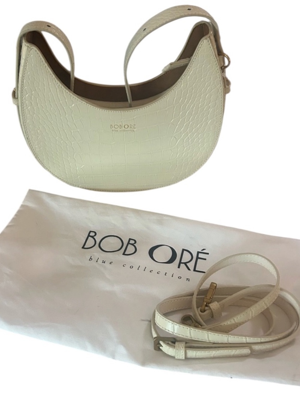 EUC Bob Ore Blue Collection Naomi Crescent Croc Embossed Bag Ivory With Dust Bag